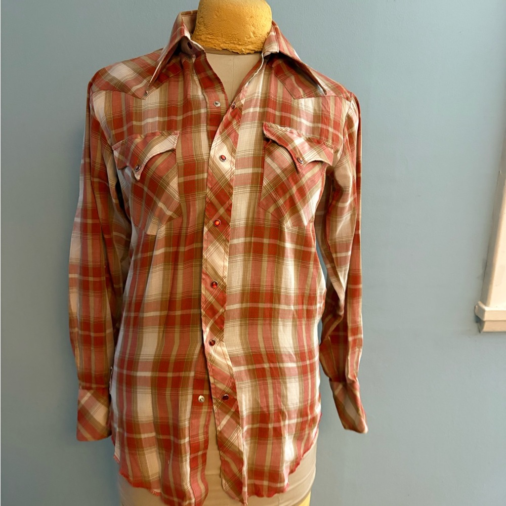 Vintage Plaid Button-Up Shirt Snaps Cowboy Cowgirl Light Cotton